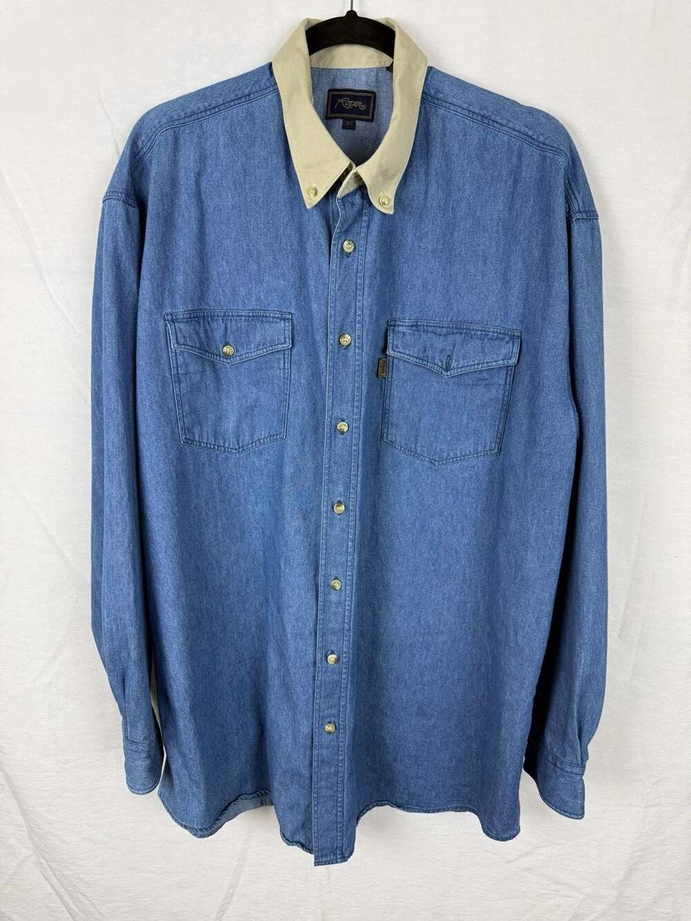 Roper Denim Shirt Size 1XT Blue Long Sleeve Tan Collar Button Down